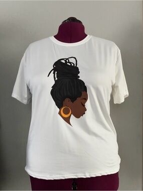 African-American woman Graphic Tee with Black Bun Silhouette and Gold Earring.